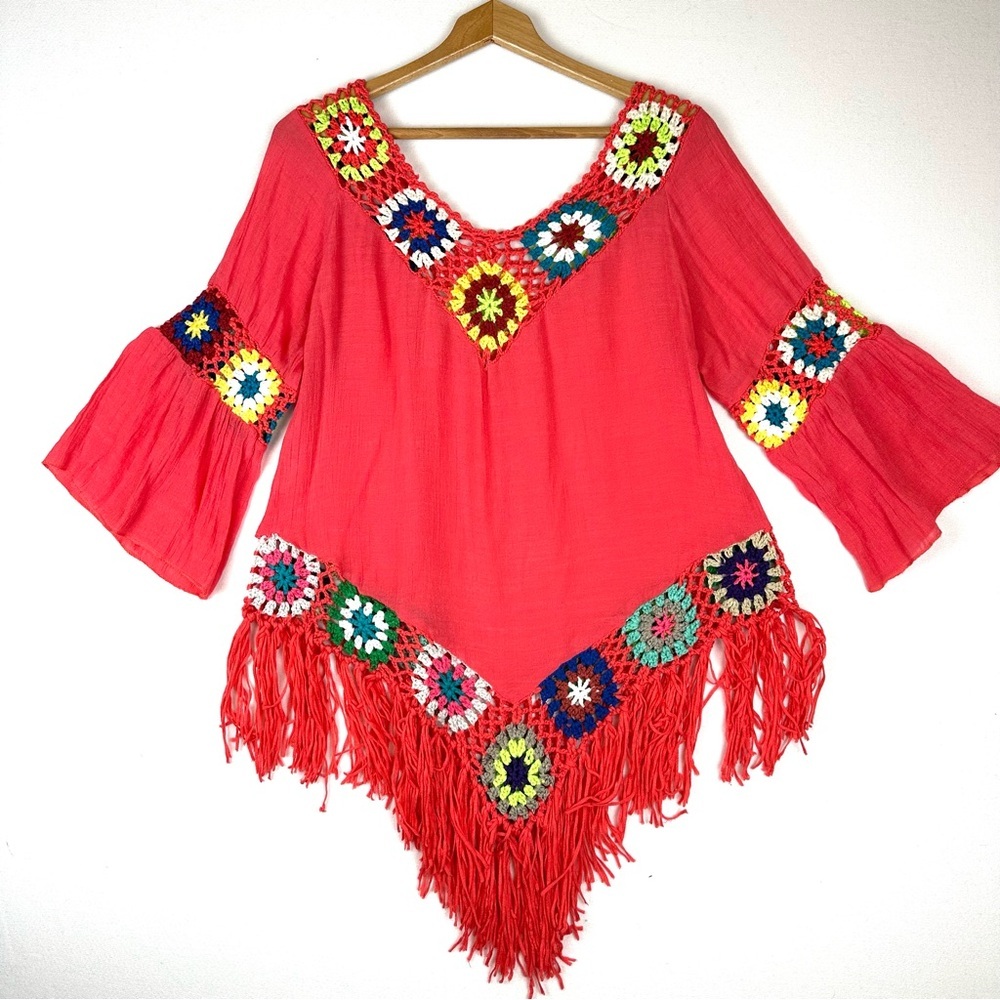 Asha Multi Colored Crochet‎ Square Boho Peasant Shirt